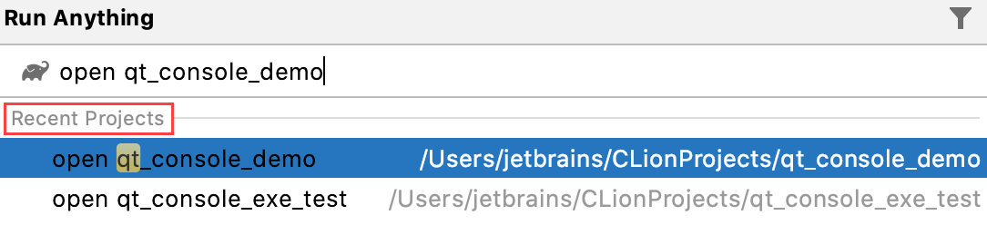 从 运行一切 弹出窗口打开最近的项目