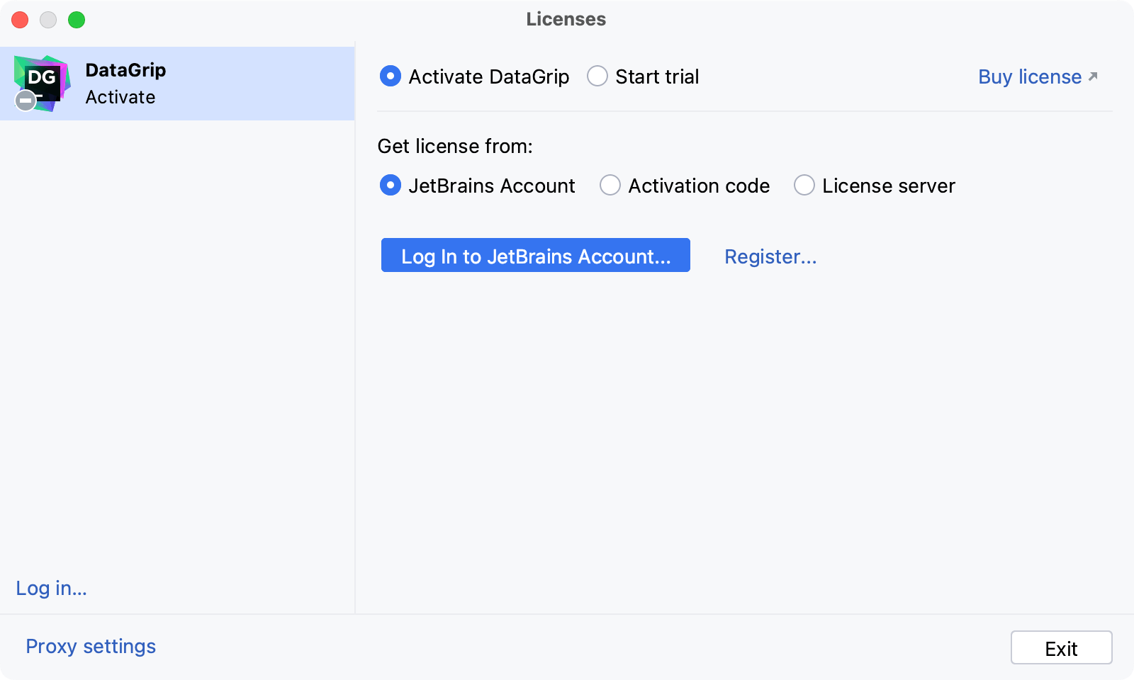 DataGrip：许可证对话框