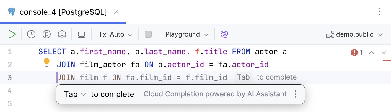 用于 SQL 的基于云的代码补全