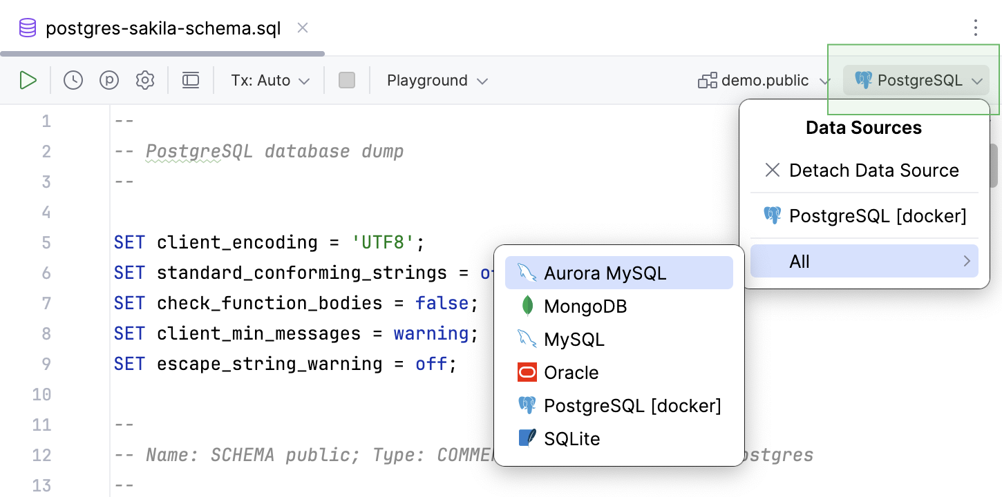 在编辑器中将数据源附加到 SQL 文件