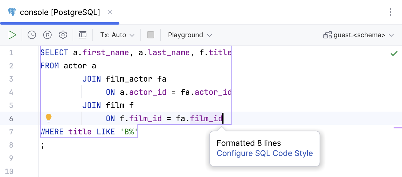 带有指向 SQL 代码样式设置链接的弹出消息