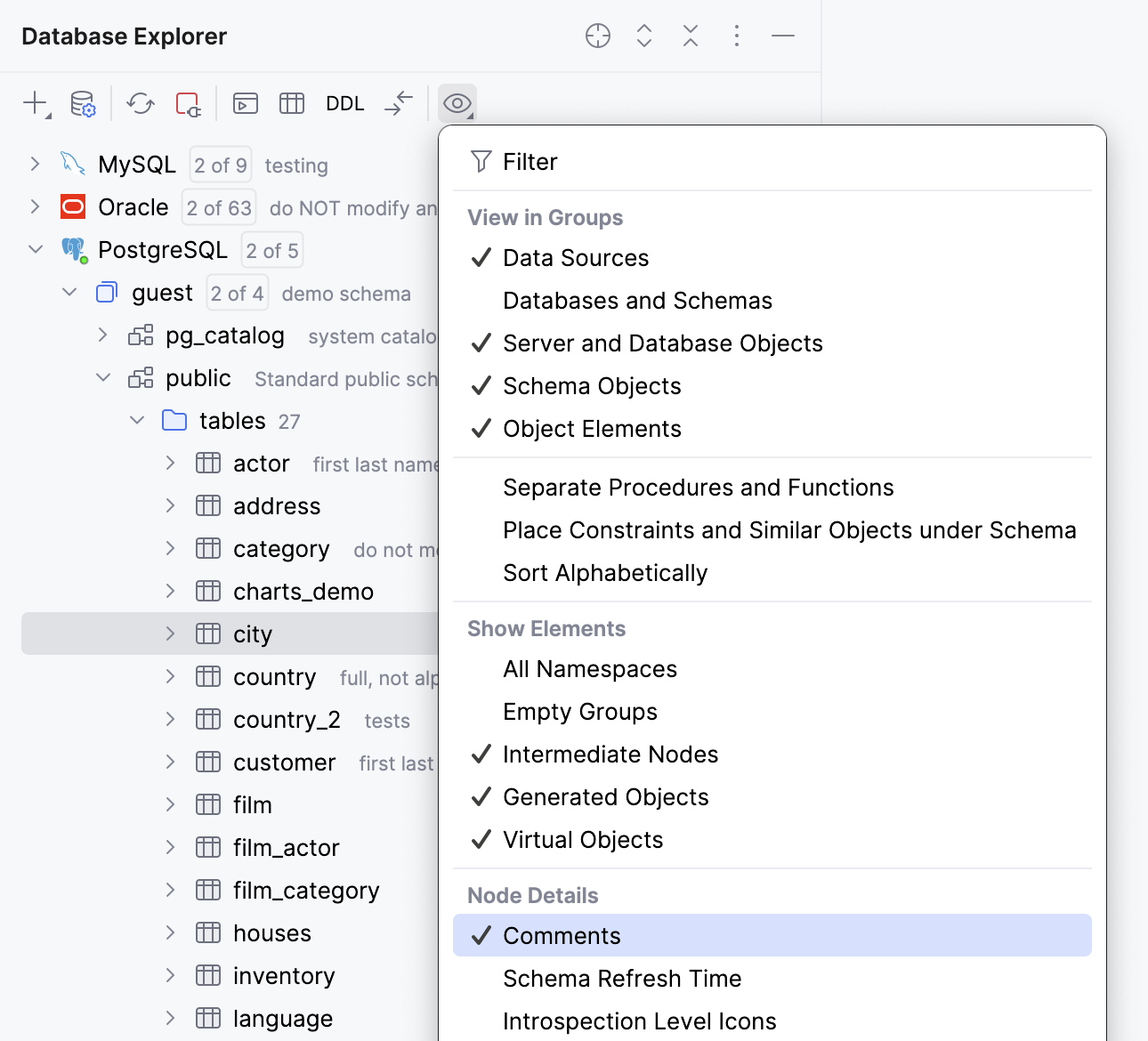 显示数据库和表的注释