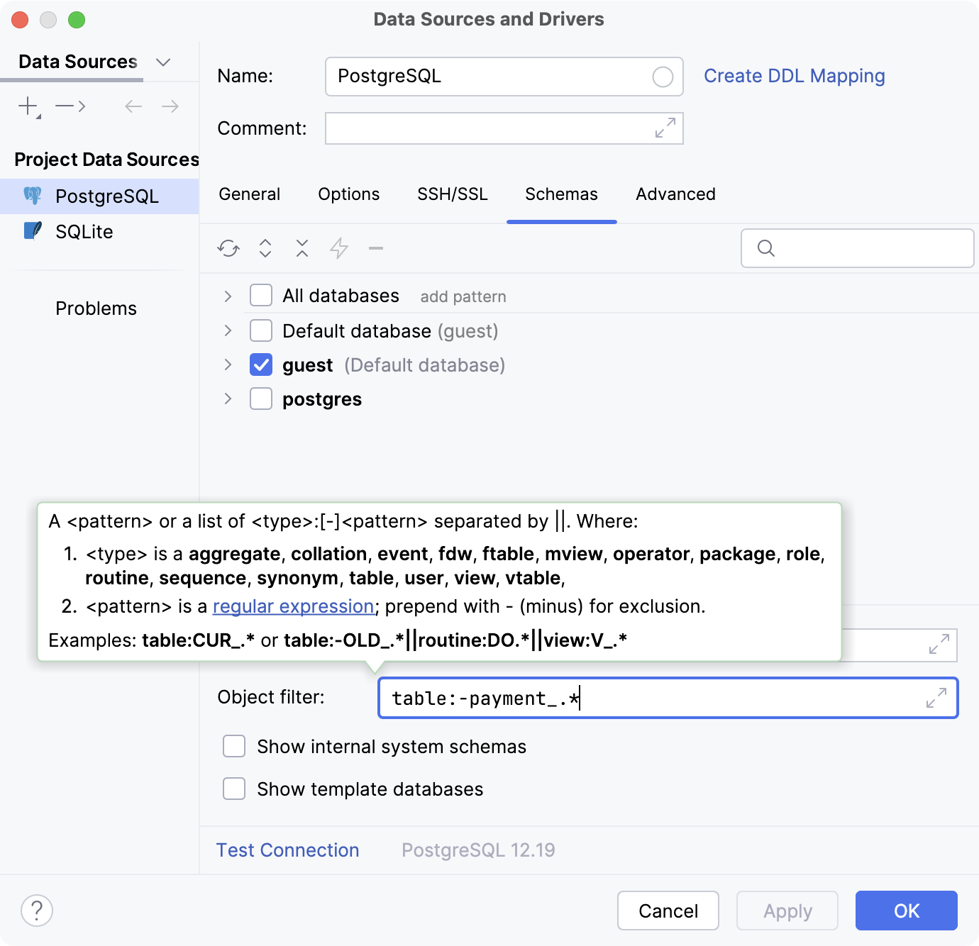 Filtering out tables in the data source settings dialog