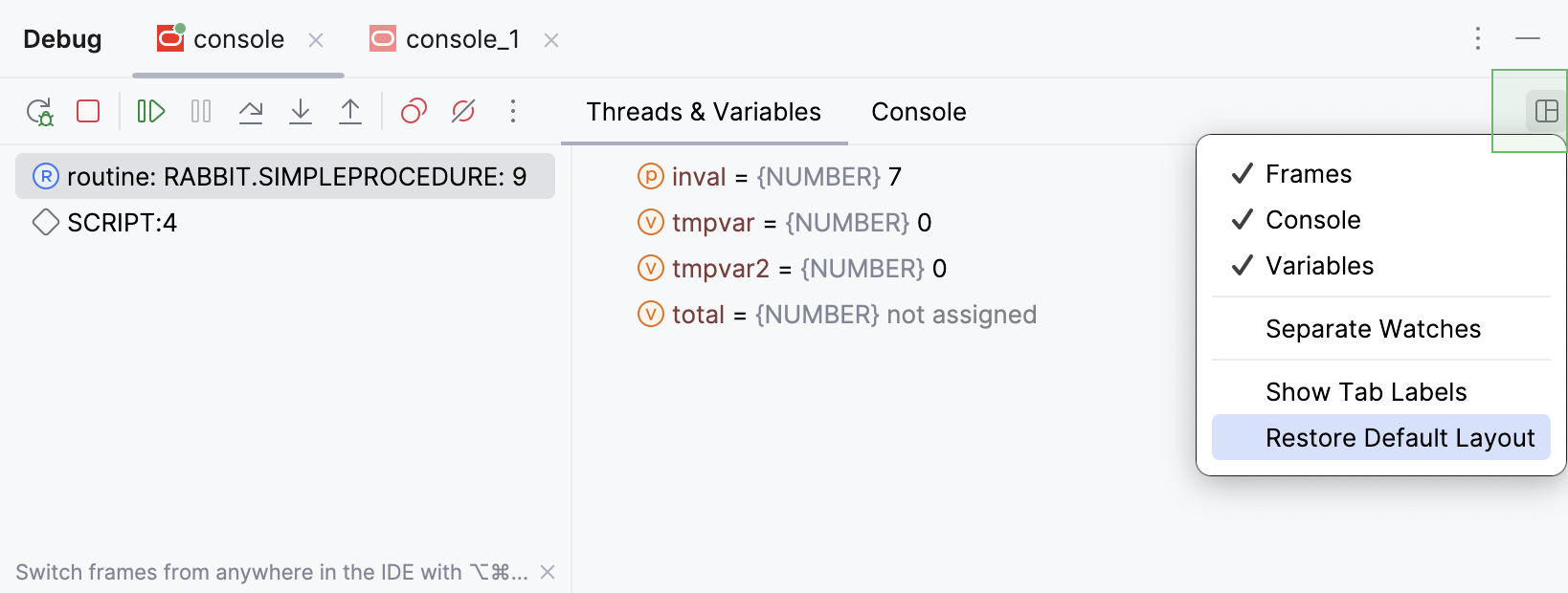 恢复默认布局菜单项