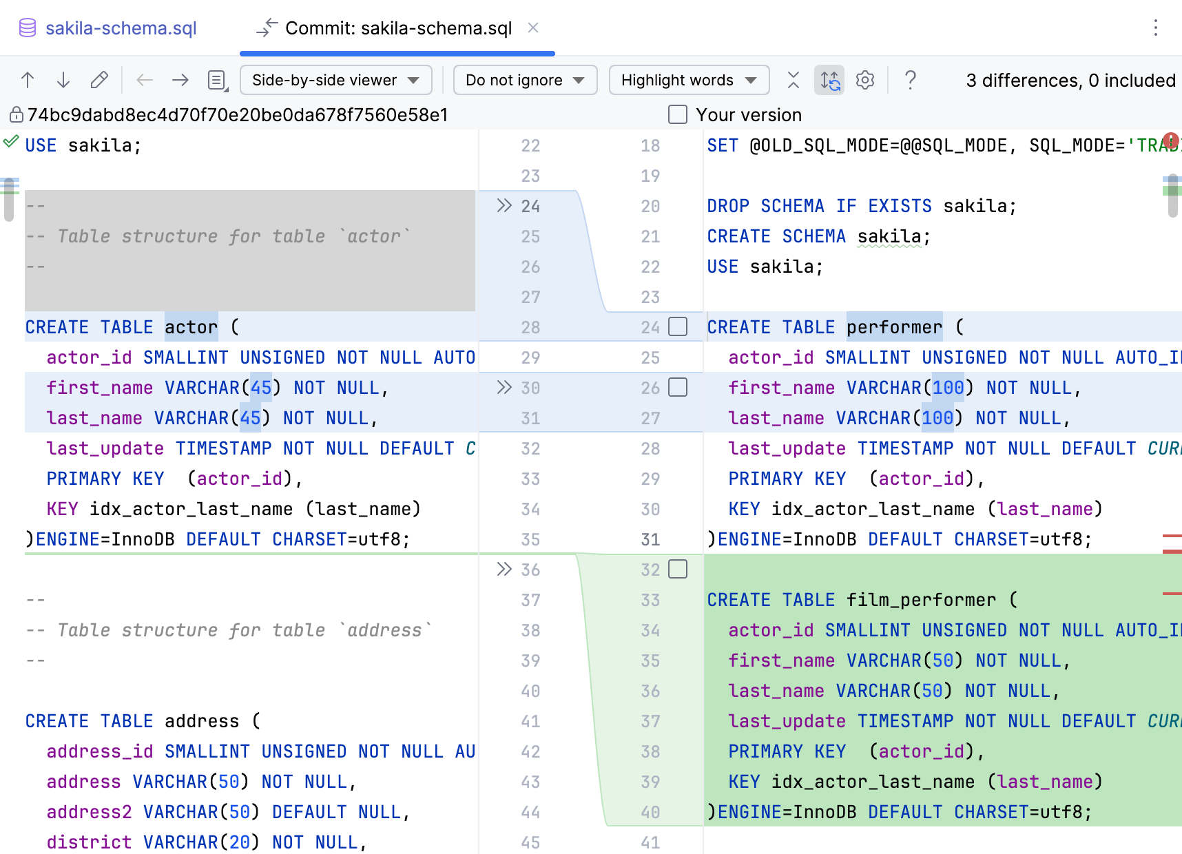 编辑器中的差异预览