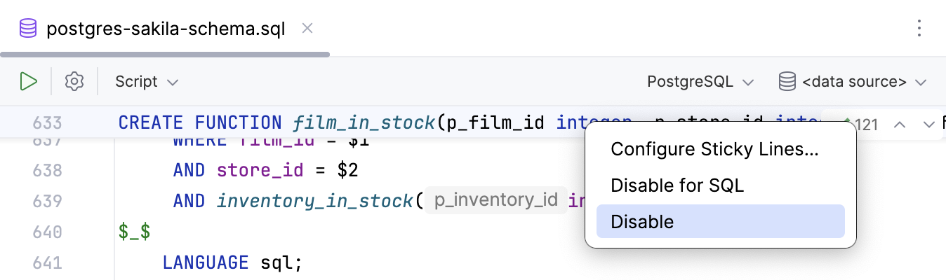 在编辑器中禁用所有语言的粘性行