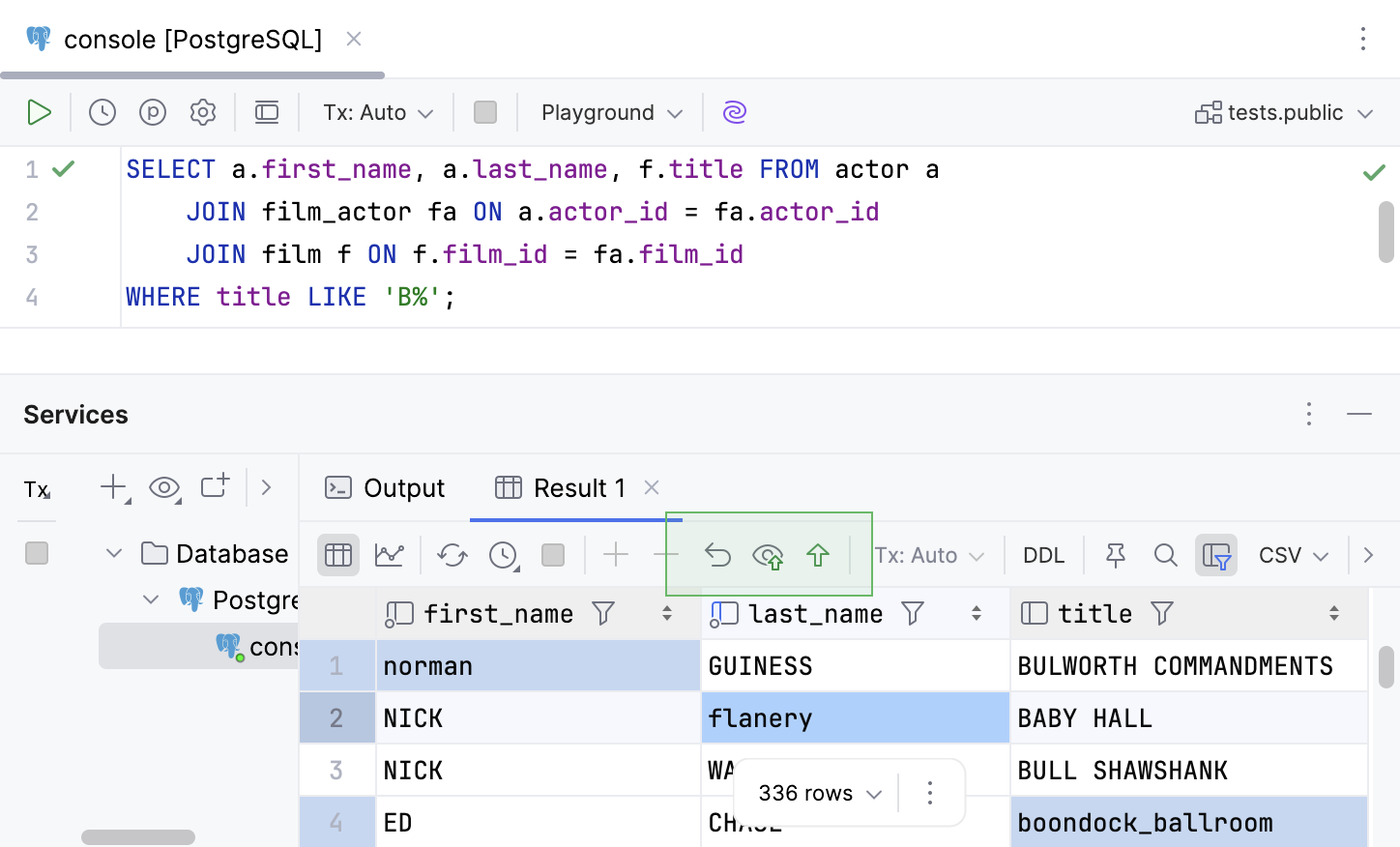“服务”工具窗口中可编辑的表 JOIN 结果网格