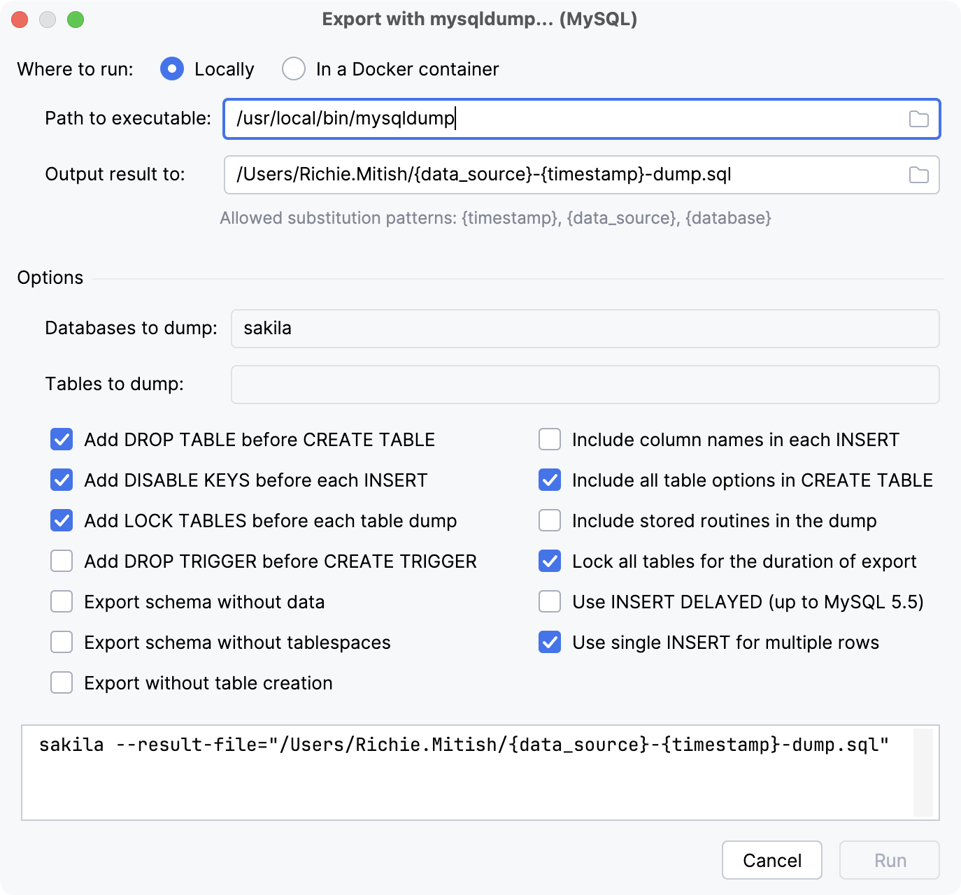 使用 mysqldump 导出的对话框