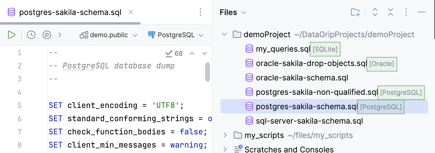 附加的数据源名称显示在“文件”工具窗口中 SQL 文件名称旁边
