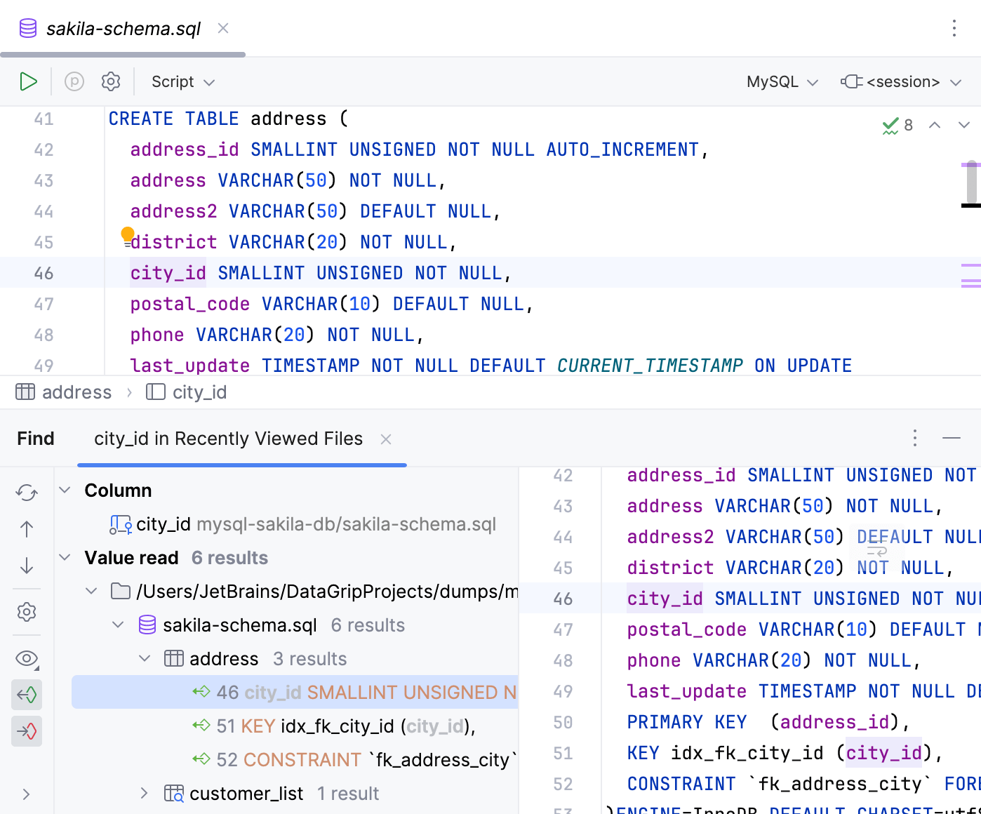 在 Find 工具窗口中找到的结果