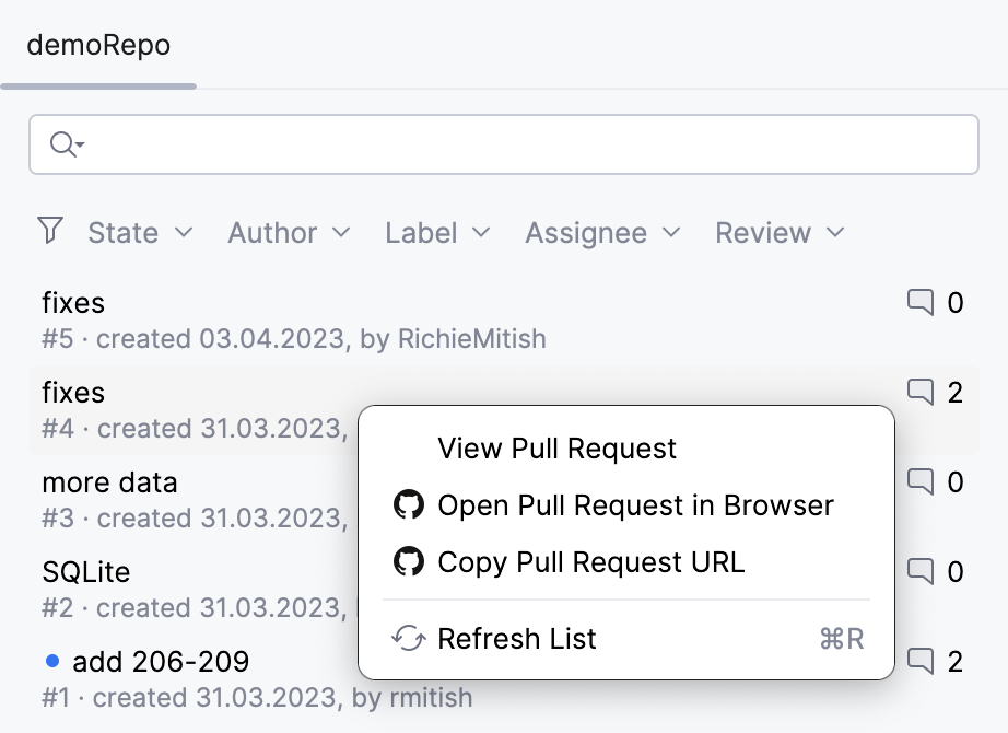 GitHub Pull Requests 工具窗口