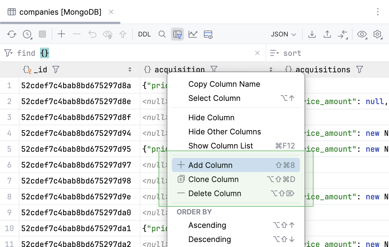 Add and delete column actions in a context menu Add and delete column actions in a context menu