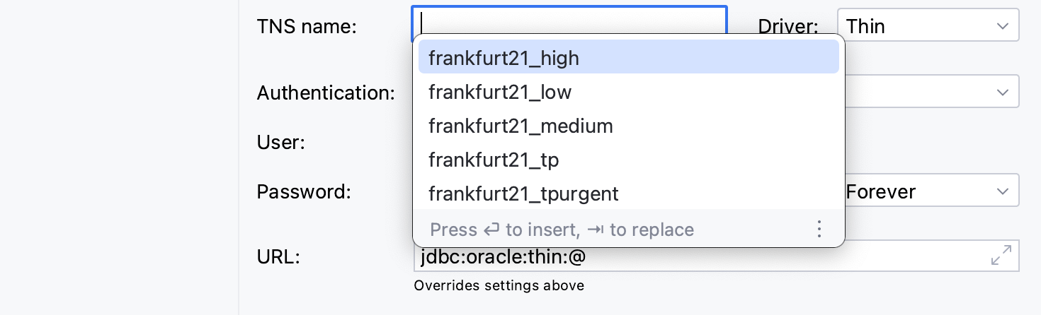 数据源设置中 TNS 名称字段的自动完成