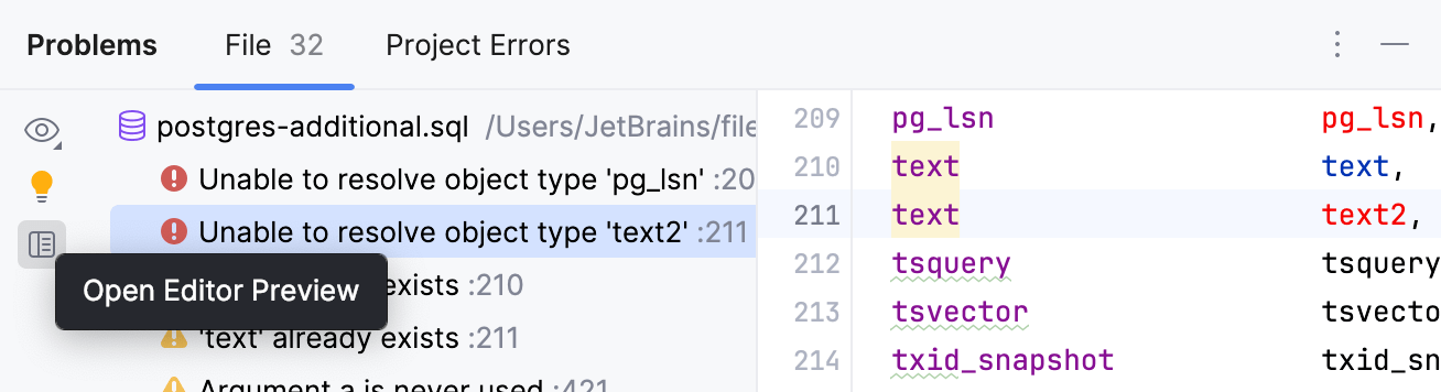 在“问题”工具窗口中显示检测到的问题