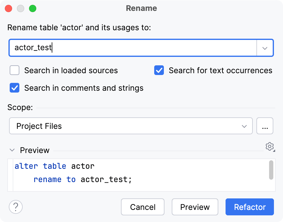 用于表的重命名对话框