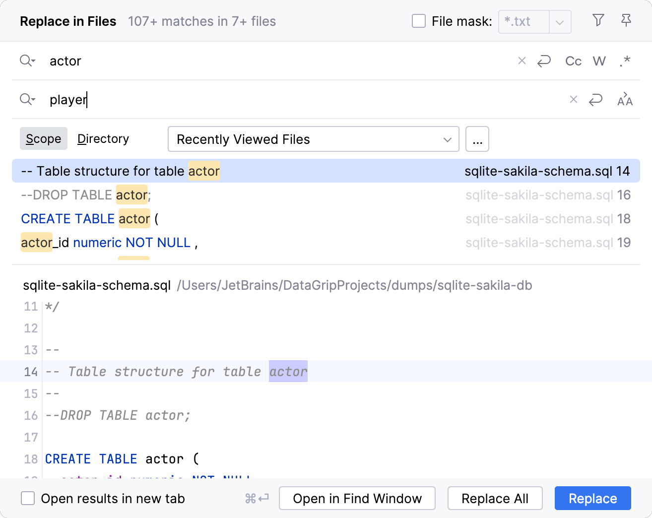 “在文件中替换”对话框
