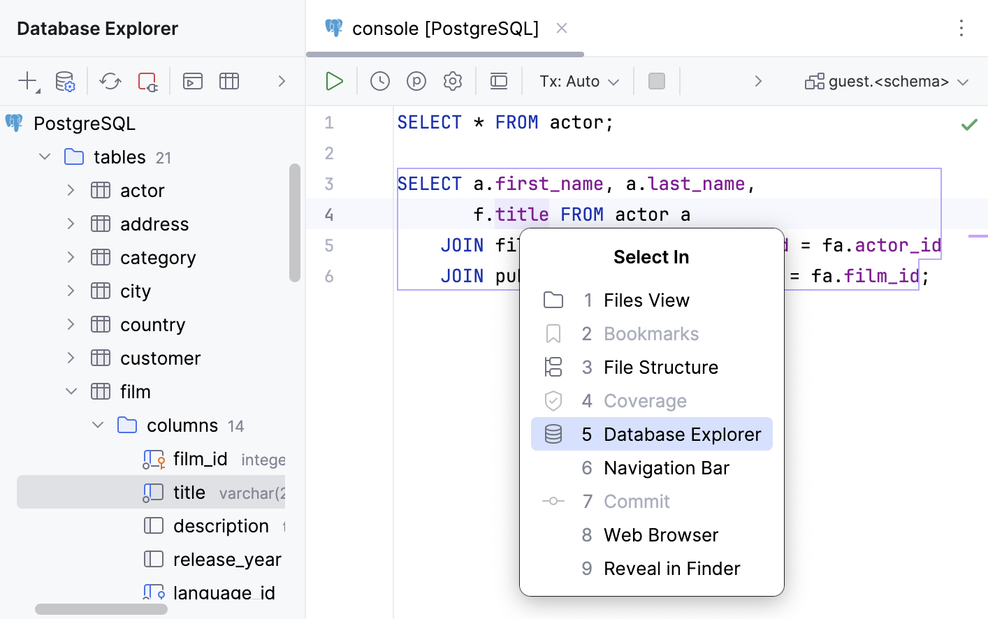 使用“在中选择”弹窗从编辑器代码导航到数据库对象