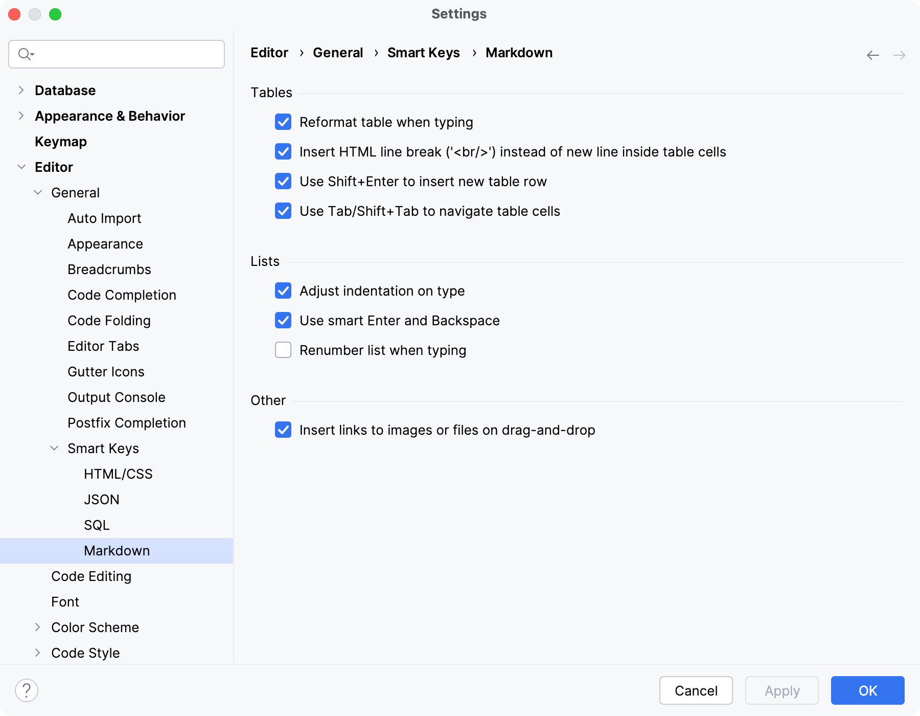 设置 | 编辑器 | 常规 | 智能键 | Markdown 设置 | 编辑器 | 常规 | 智能键 | Markdown