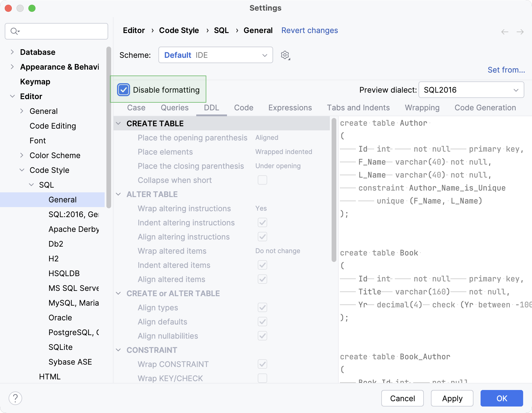 在编辑器中禁用 SQL 格式化 在编辑器中禁用 SQL 格式化