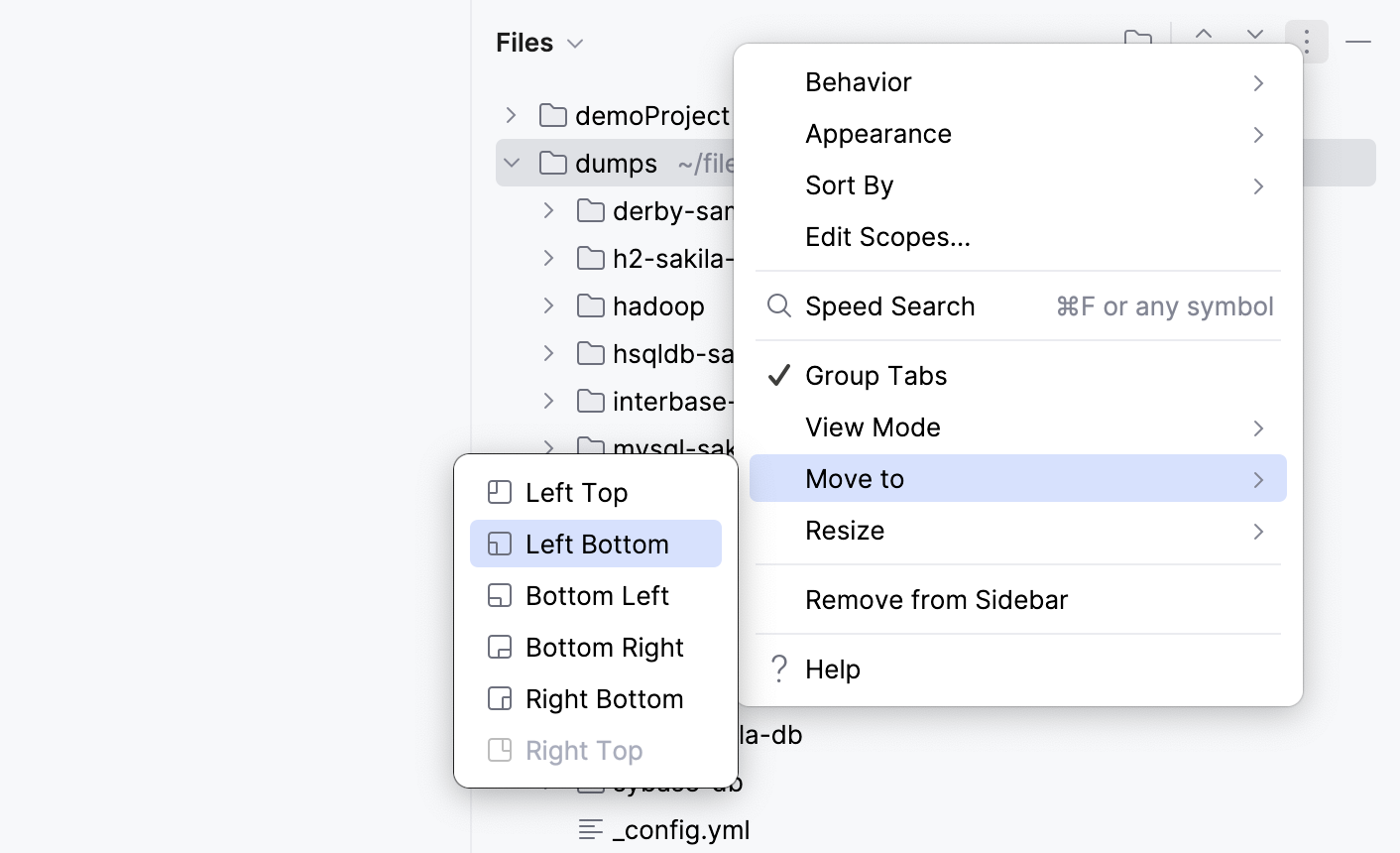 工具窗口选项菜单：移动到