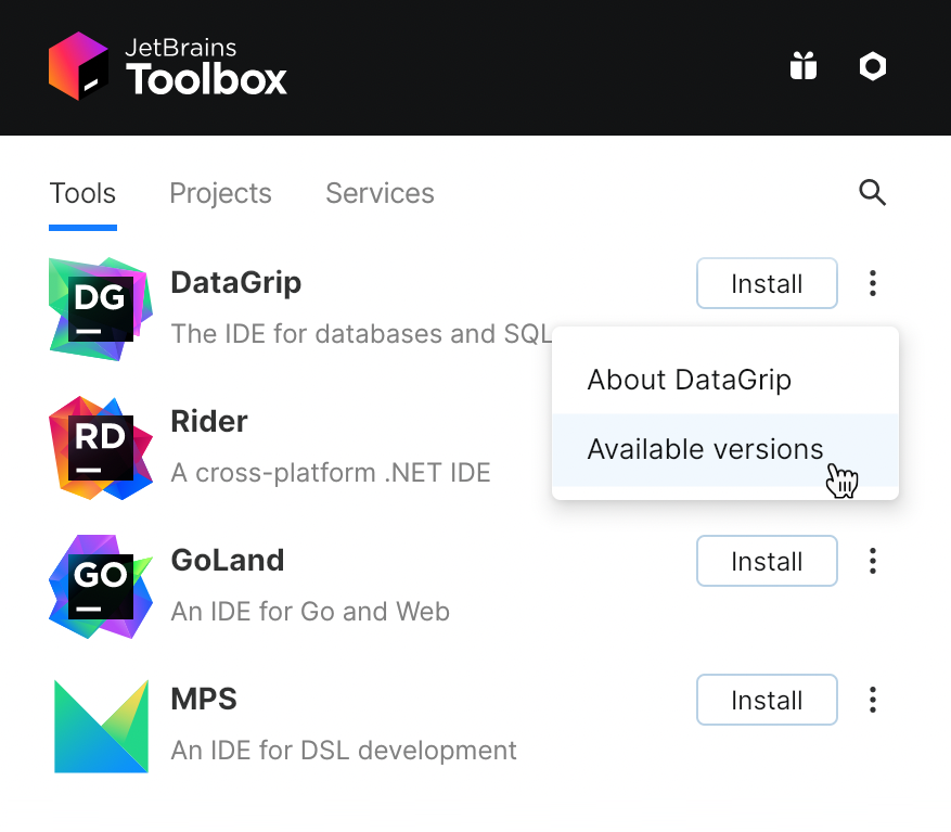 Toolbox app 中的 DataGrip