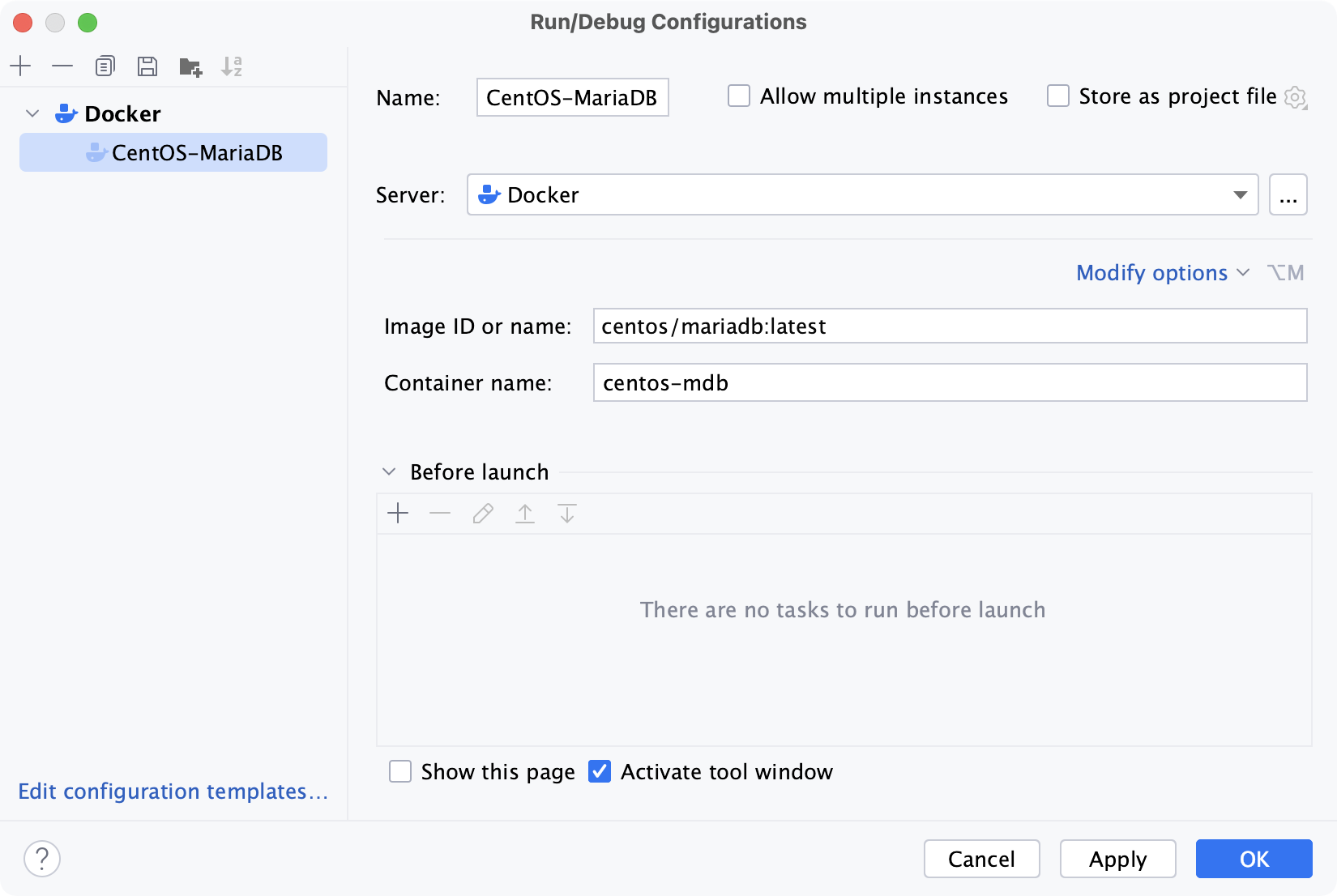 Docker Image run configuration dialog Docker Image run configuration dialog