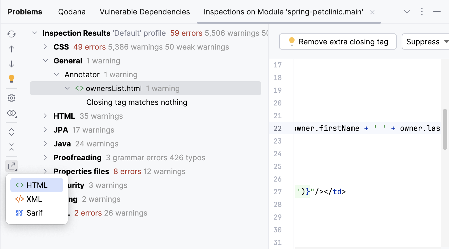 The Export button in the Inspection Results tool window