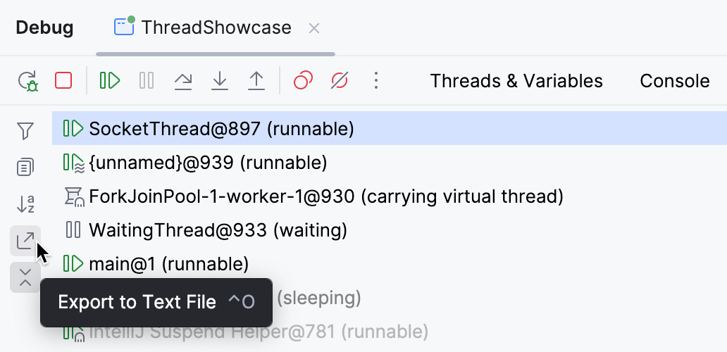 The 'Export to text file' button in thread dump viewer