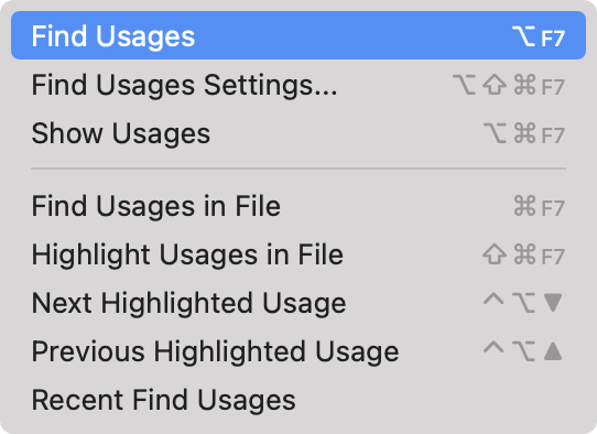 从主菜单打开 Find Usages 工具窗口