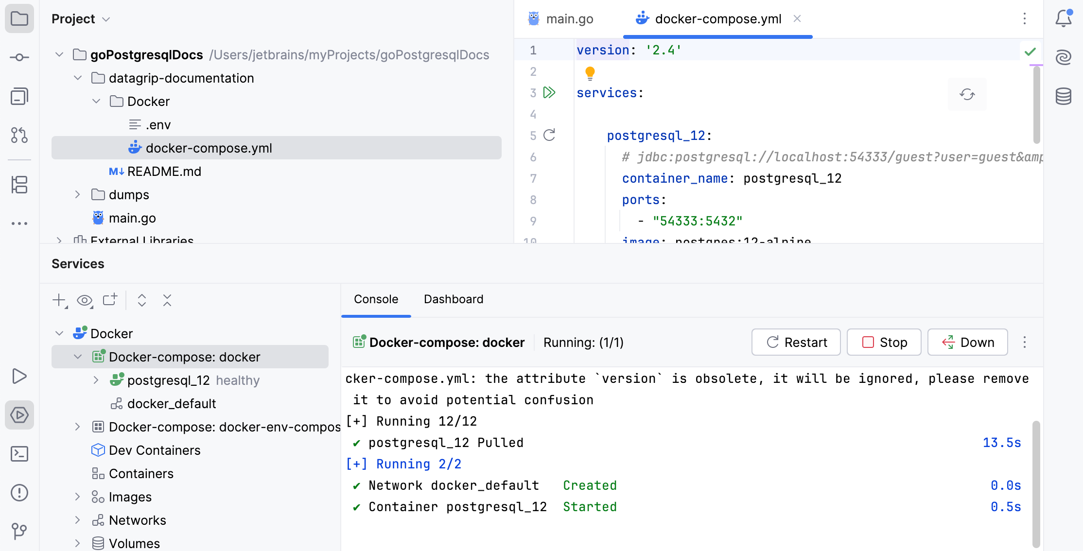 The Docker tool window, connected to Docker