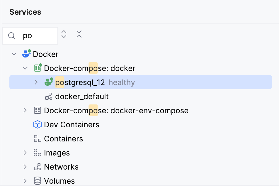 The Docker tool window, text search