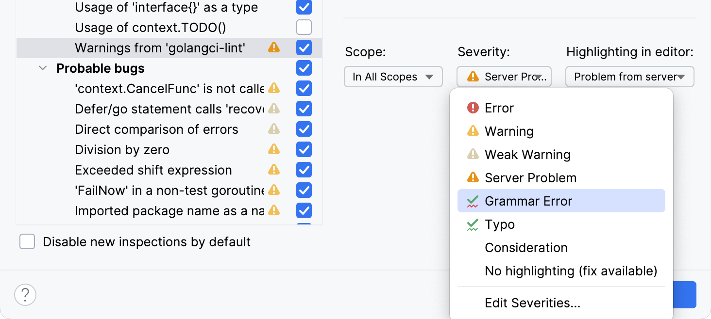 Adjust severity levels for linters