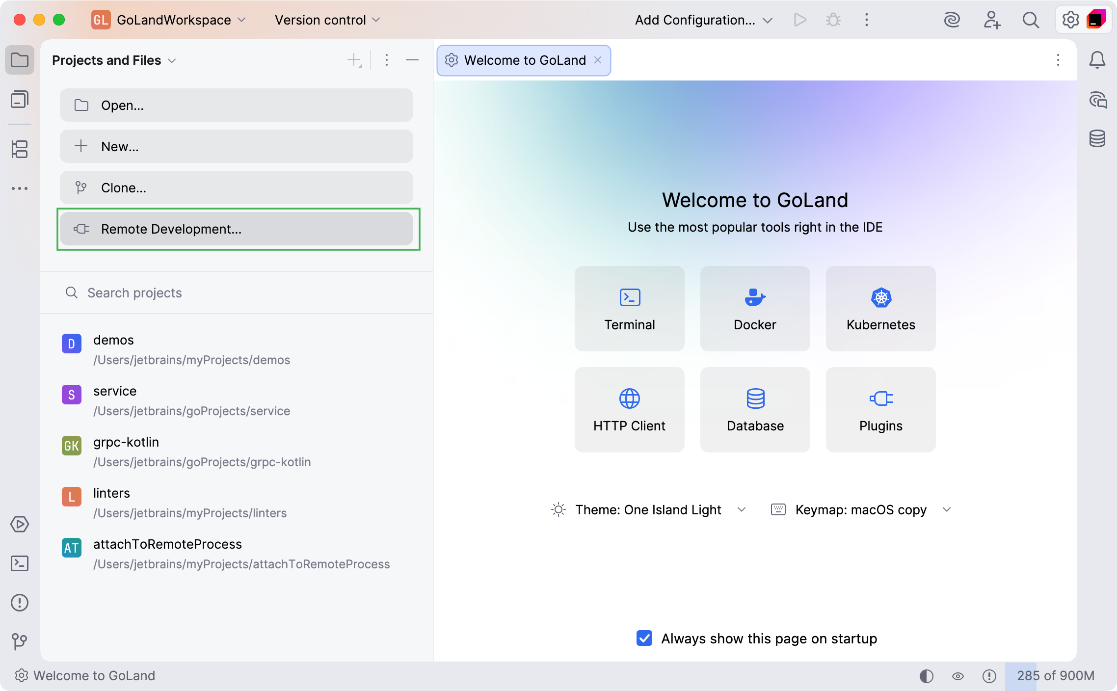 Configuring remote development settings on Welcome screen