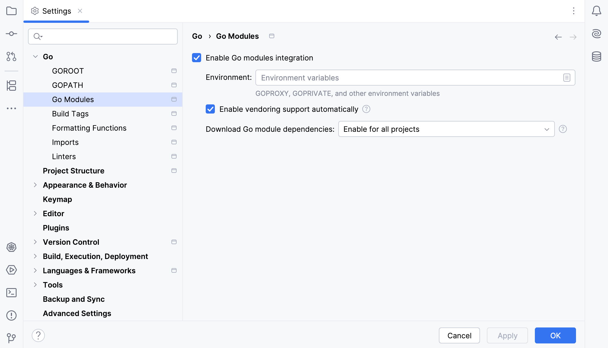Enable Go in a project