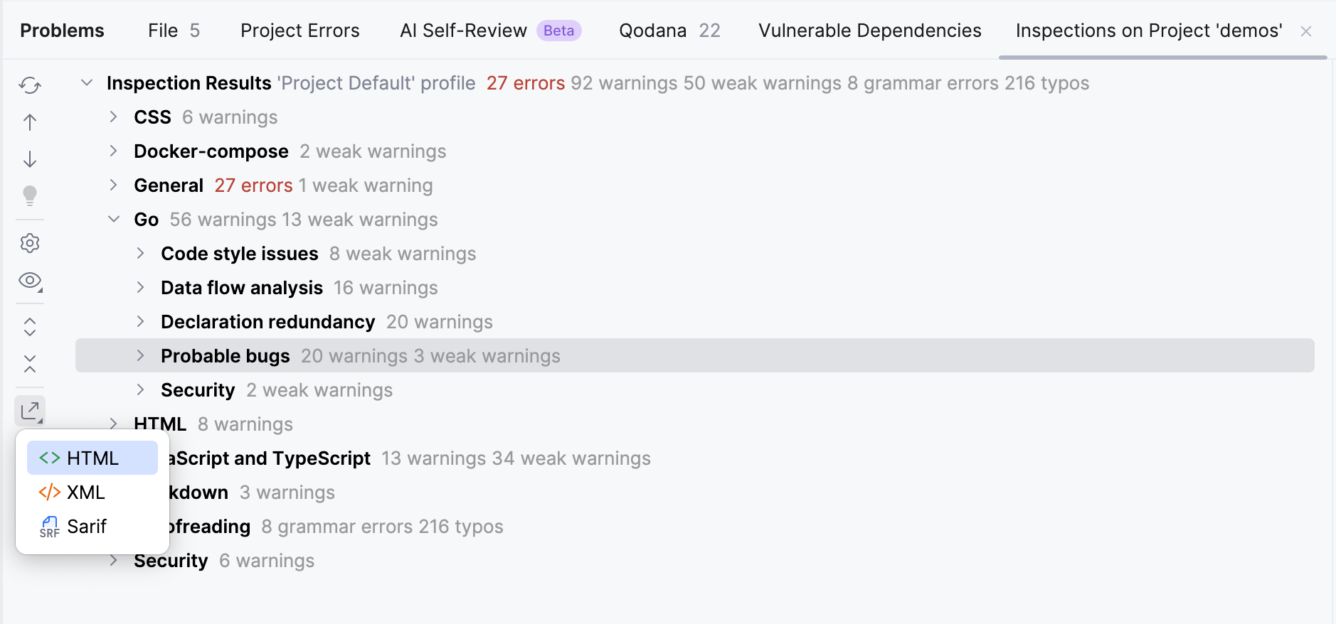 The Export button in the Inspection Results tool window