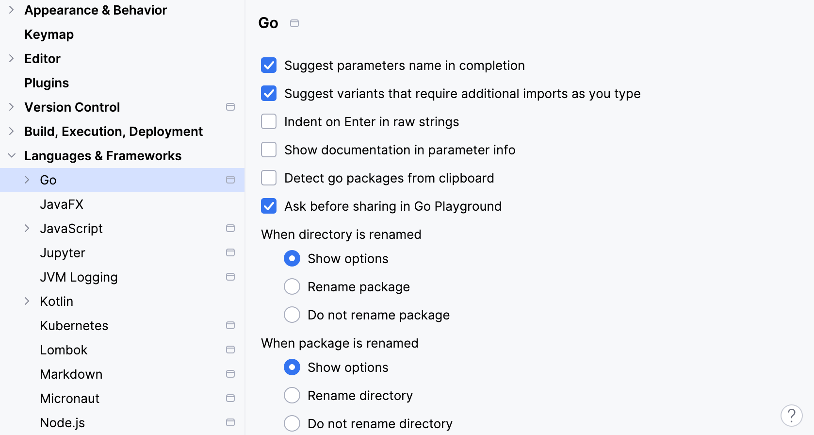 General settings for go