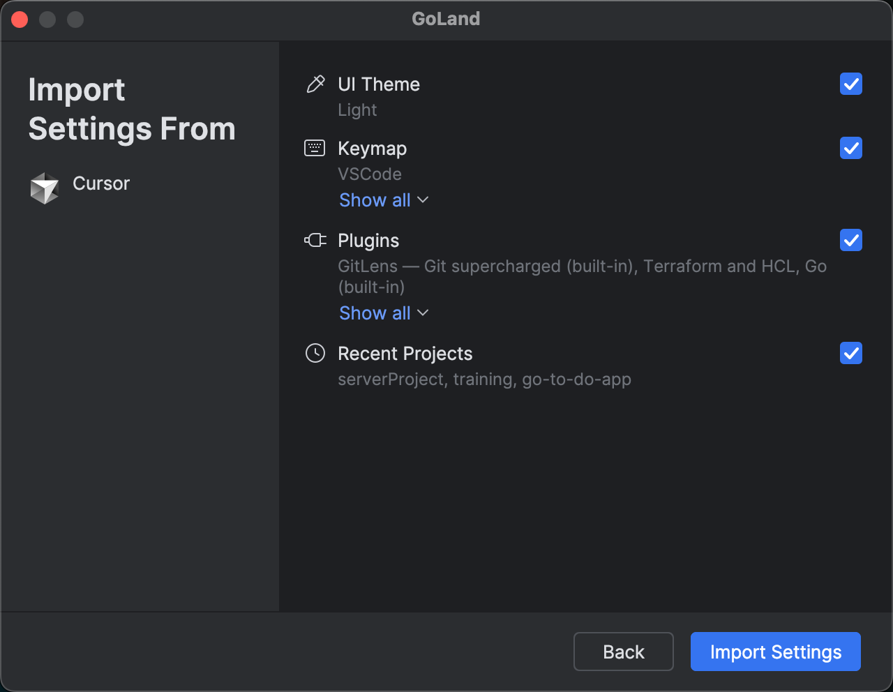 Cursor settings selection