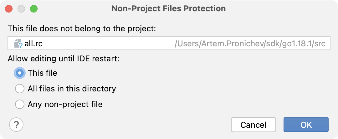 Non-Project Files Protection dialog Non-Project Files Protection dialog