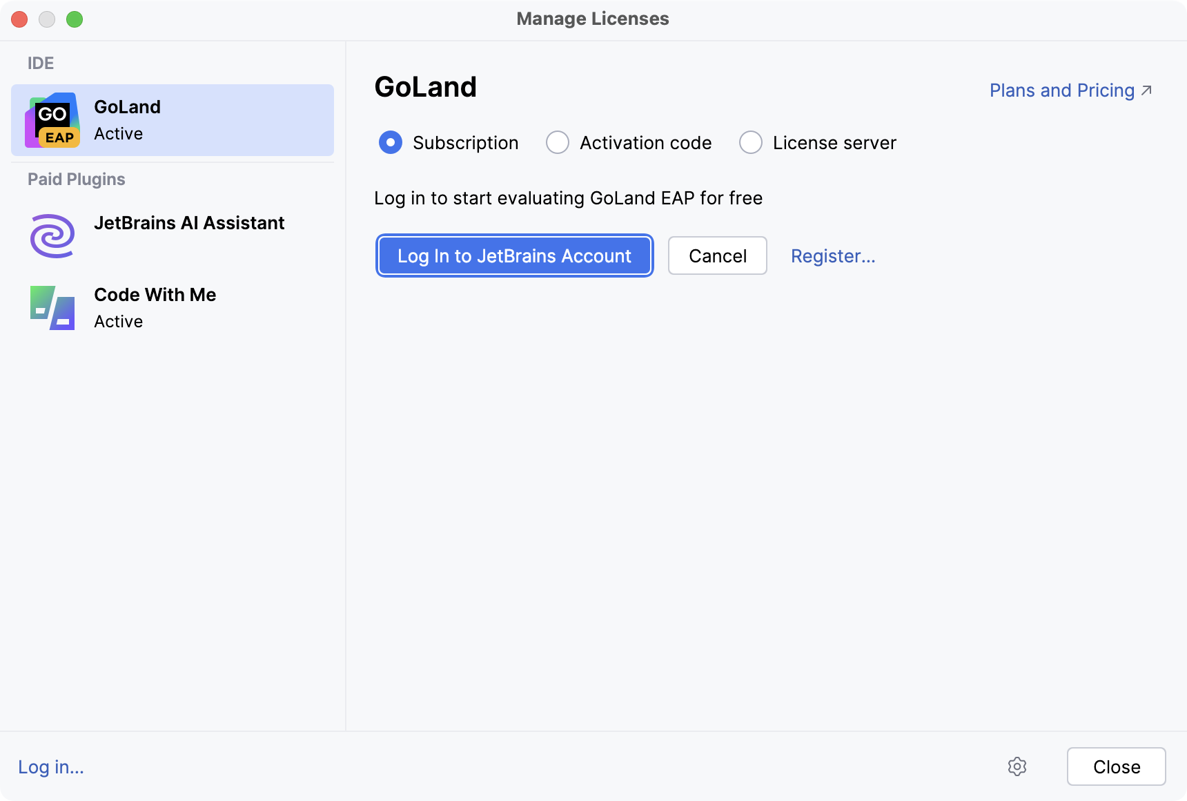 通过 JB 帐号激活 GoLand 许可证 通过 JB 帐号激活 GoLand 许可证