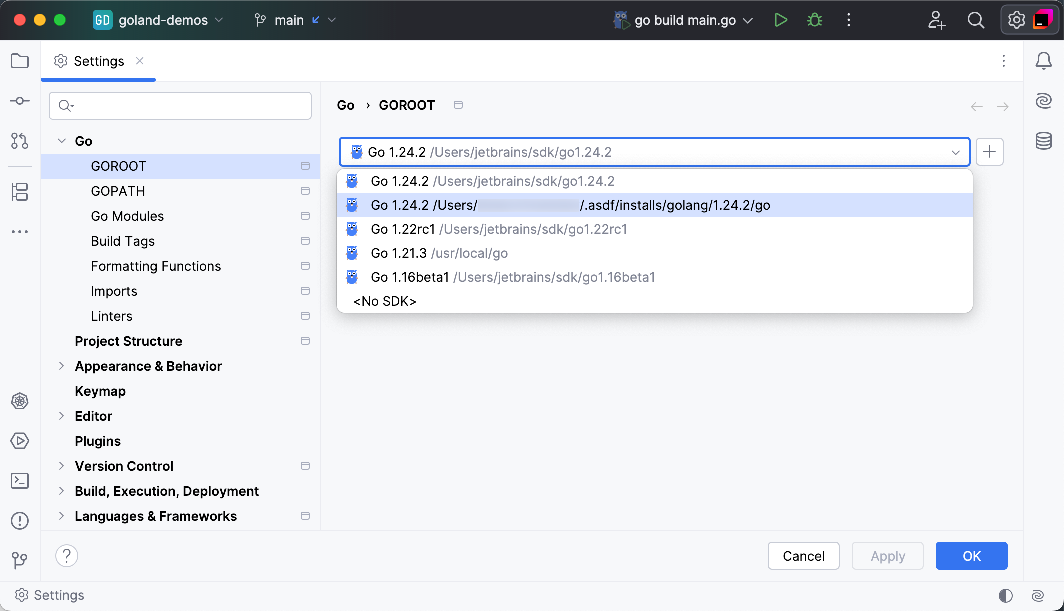 Select an asdf Go version for the project
