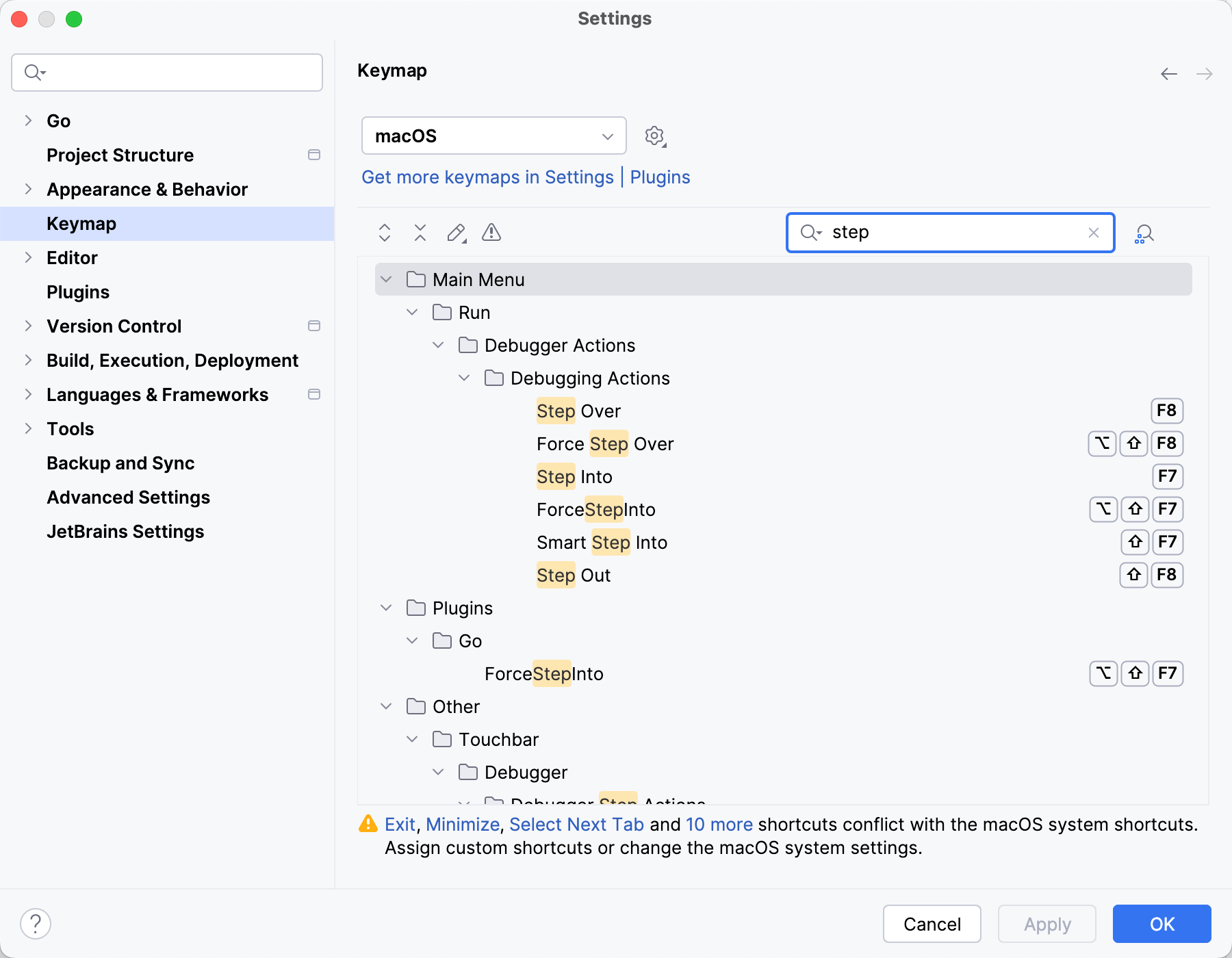 Selected keymap and action in search