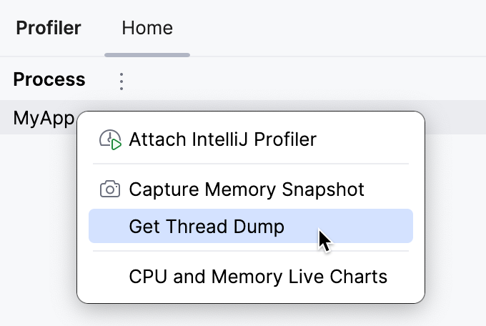 A menu opens on right-clicking a process in the Profiler tool window