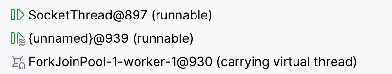 The overlays in a thread dump indicating virtual threads and daemon threads
