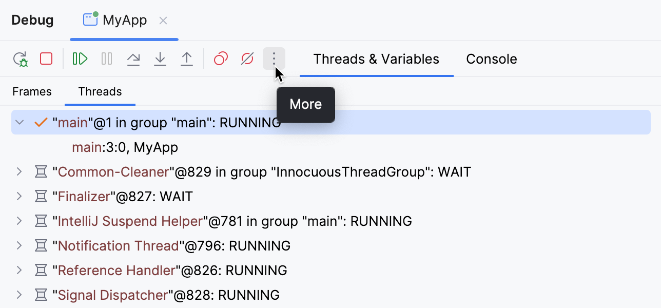 The More button on the Debug tool window toolbar