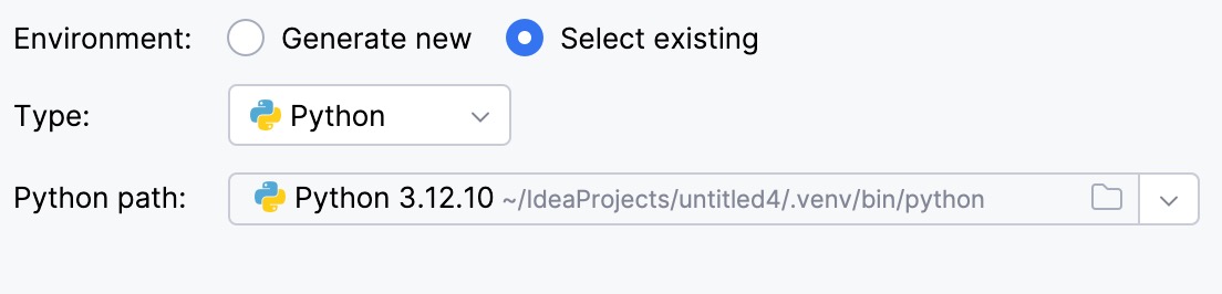 Select existing virtualenv environment Select existing virtualenv environment