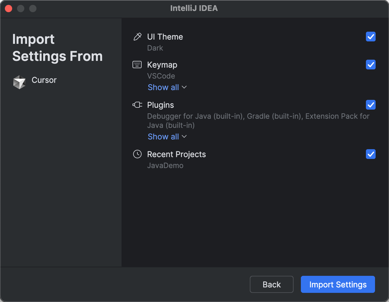 Cursor settings selection Cursor settings selection