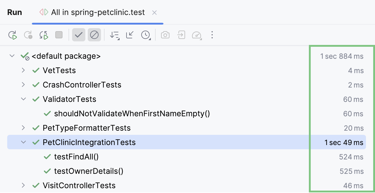 Test statistics shown on the run configuration tab