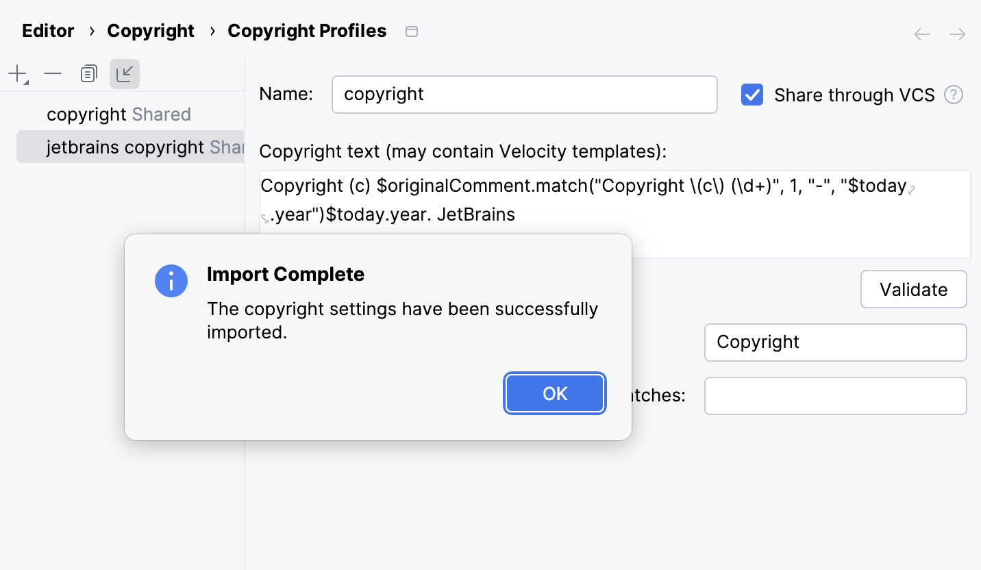 Popup confirming that copyright profile is imported Popup confirming that copyright profile is imported