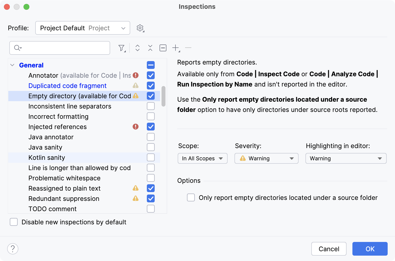 Inspections settings