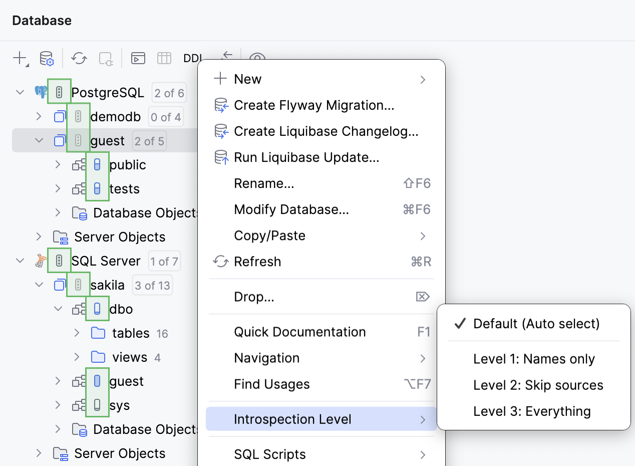 Introspection levels in Database tool window